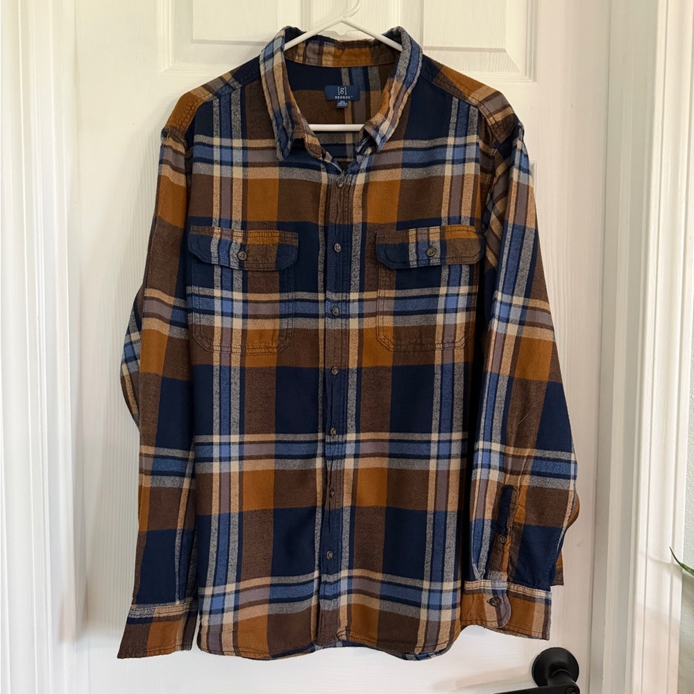 George Men's Plaid Flannel Button-Down Shirt - Navy & Brown